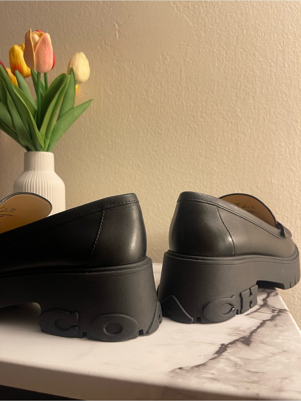Coach Black Leather Logo Slip-On with Gold Hardware (worn once)